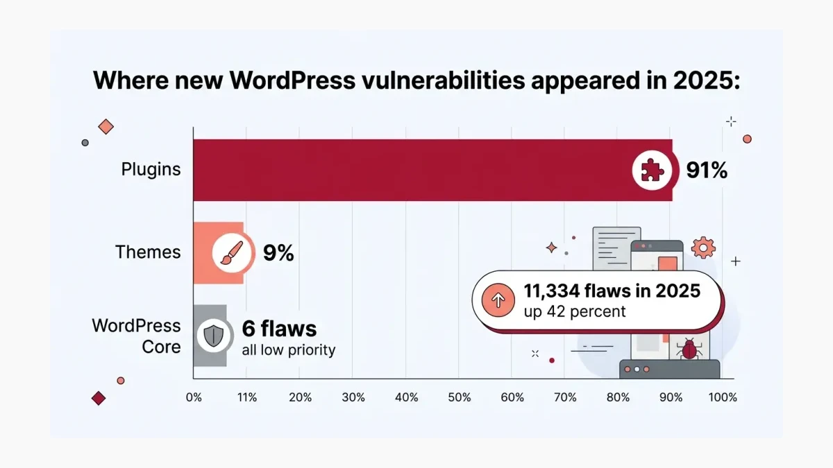 Infographic: A bar chart showing that 91 percent of new WordPress vulnerabilities in 2025 came from plugins, 9 percent from themes, and only 6 flaws from WordPress core itself.