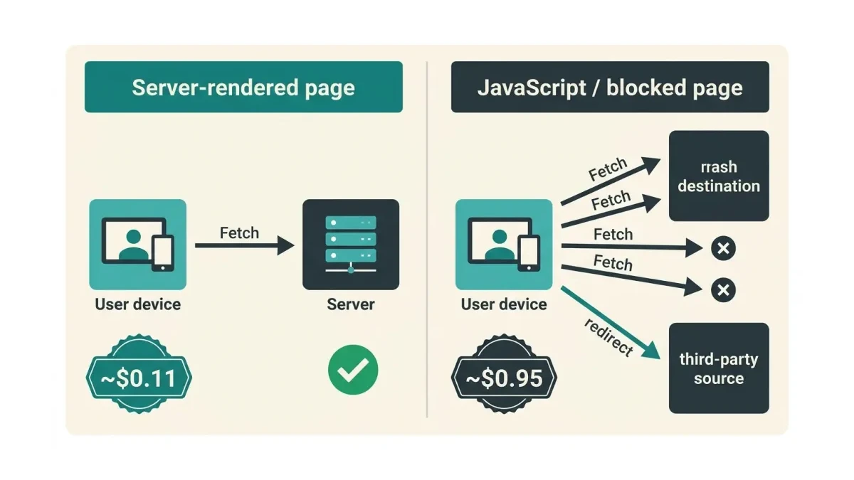 Infographic: Clean modern flat-design infographic as a two-column comparison: left column 'Server-rendered page' showing a single fet