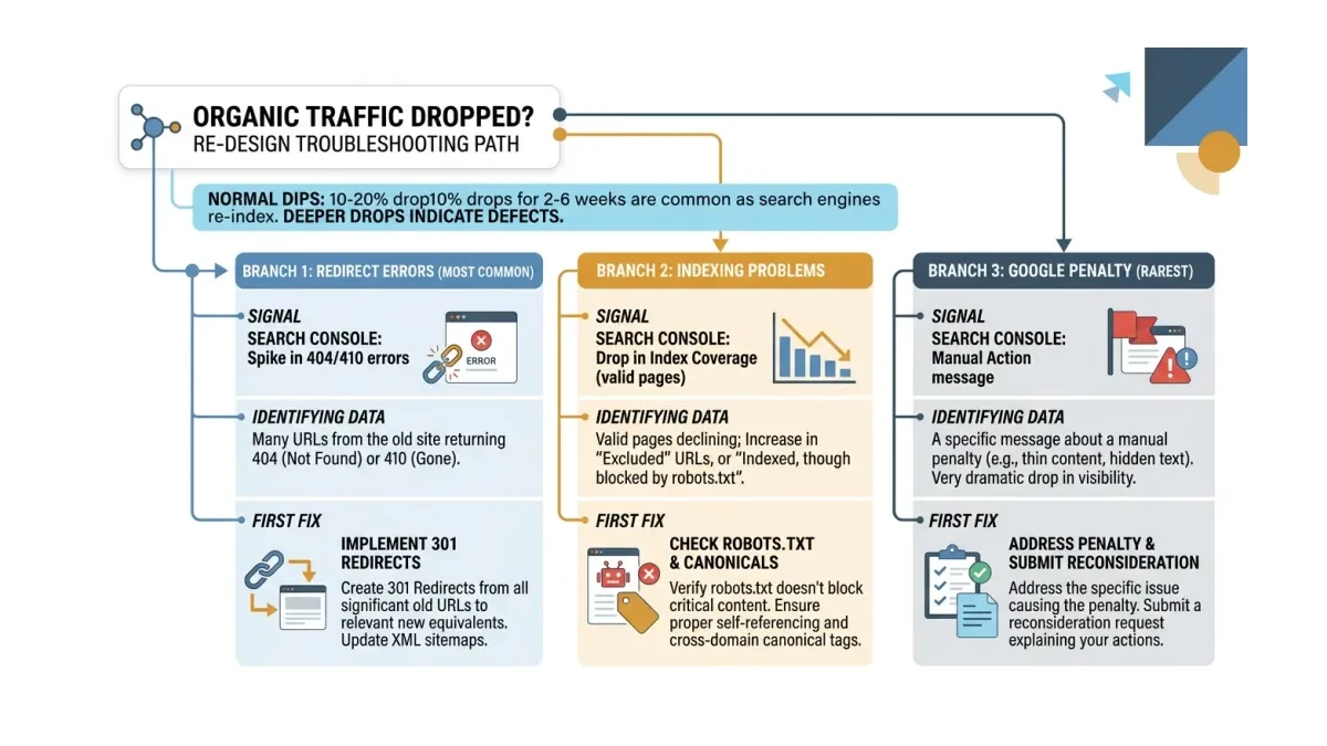 Infographic: A decision path for diagnosing an organic traffic drop from redirect errors, indexing problems, or a Google penalty.