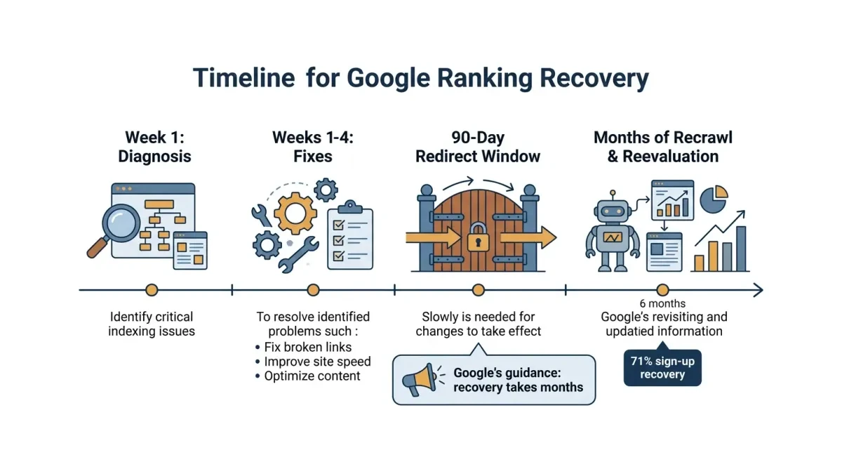 Infographic: A recovery timeline showing the fix window, the recrawl window, and the reevaluation window after a traffic drop.