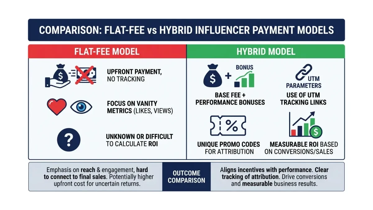 Infographic: Comparison of flat-fee versus hybrid influencer payment models showing tracking capability and ROI visibility differences