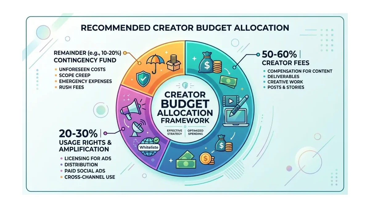 Infographic: Infographic-style donut chart showing recommended creator budget allocation: 50-60% creator fees, 20-30% usage rights an