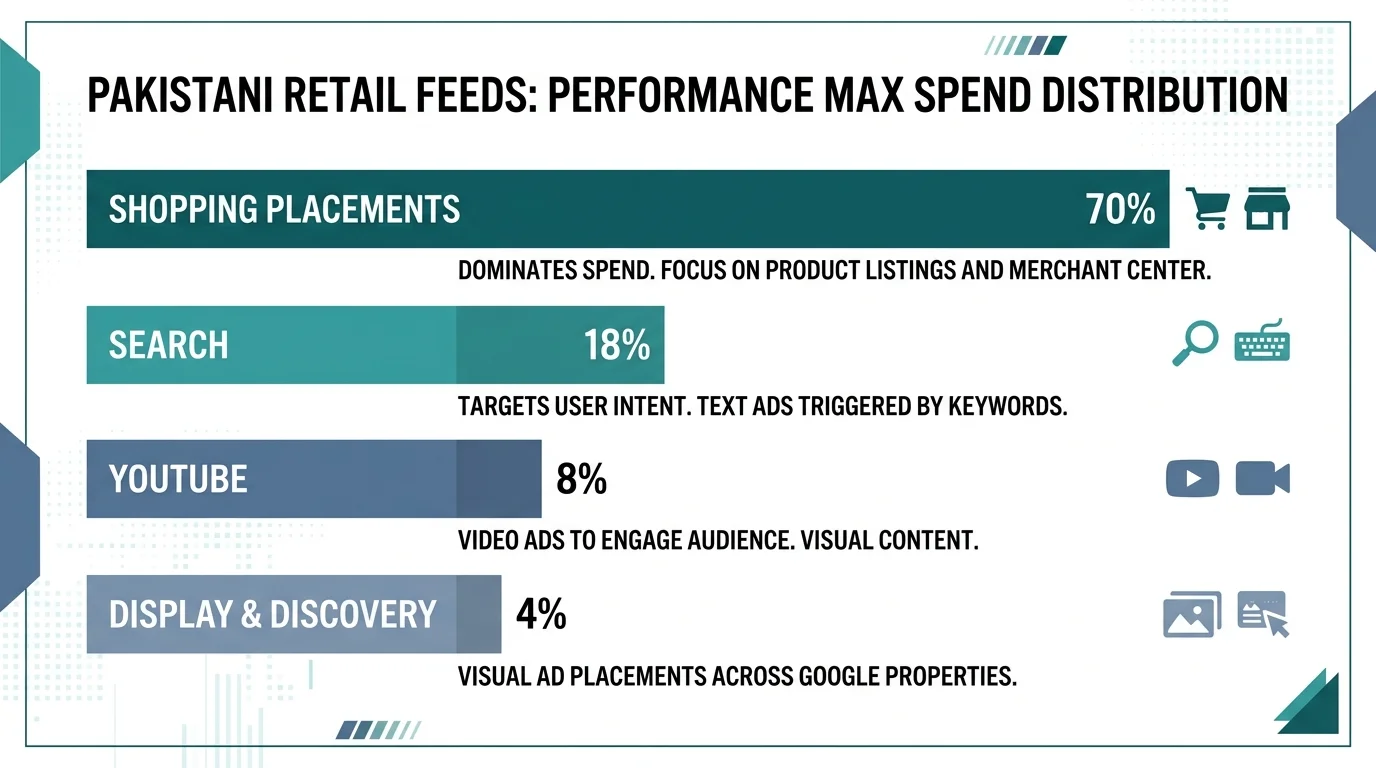 Bar chart of Performance Max spend split for Pakistani retail feeds across Shopping, Search, YouTube, and Display placements.