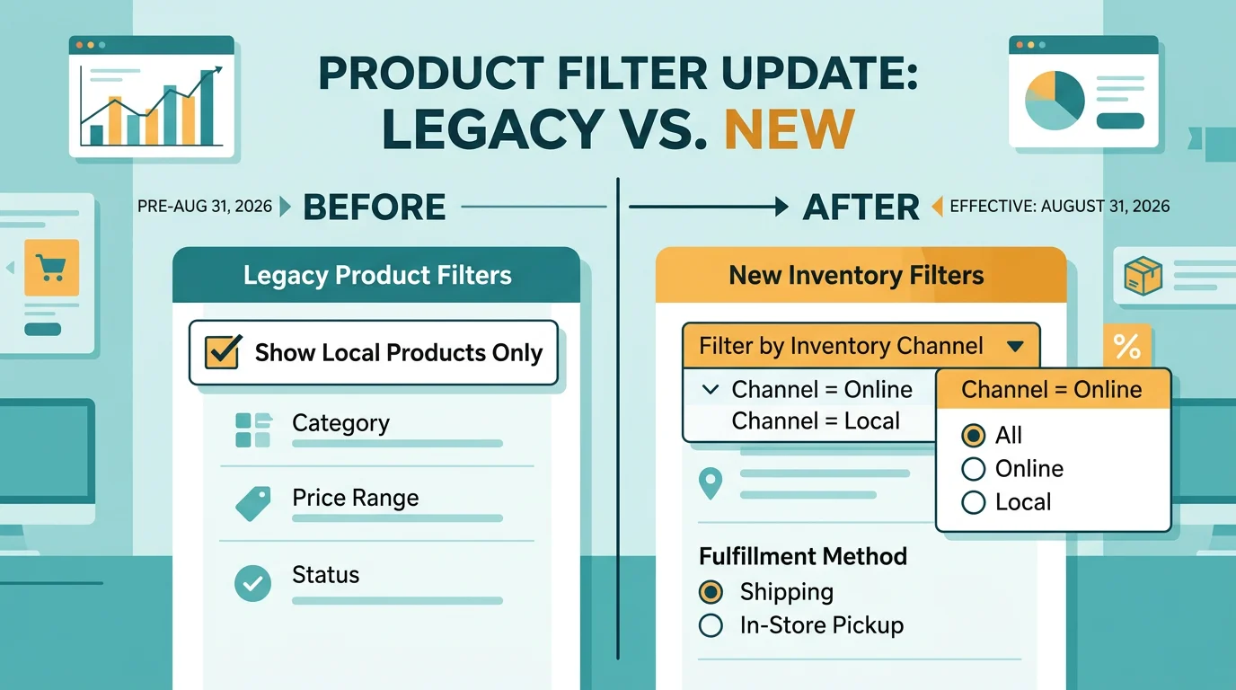 Before-and-after diagram comparing the legacy Local products checkbox with the new Inventory filter Channel control.