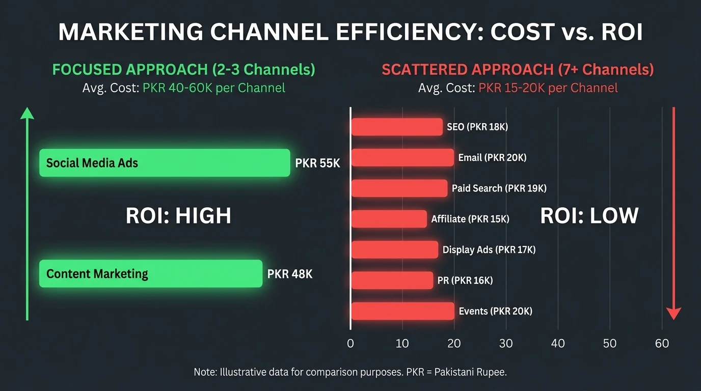 Infographic: Comparison bar chart infographic showing marketing channel efficiency: focused approach (2-3 channels, PKR 40-60K per ch