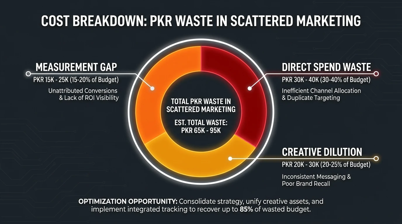 Infographic: Cost breakdown infographic showing PKR waste in scattered marketing: Direct Spend Waste PKR 30-40K (30-40% of budget), C
