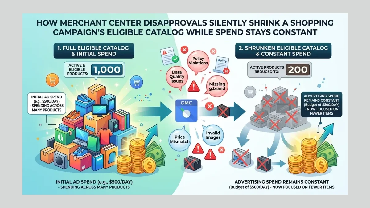 Infographic: how Merchant Center disapprovals silently shrink a Shopping campaign's eligible catalog while spend stays constant