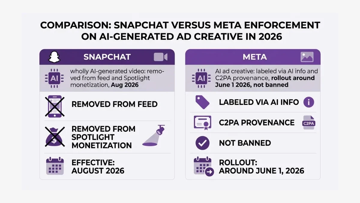 Infographic: Snapchat versus Meta enforcement on AI-generated ad creative in 2026