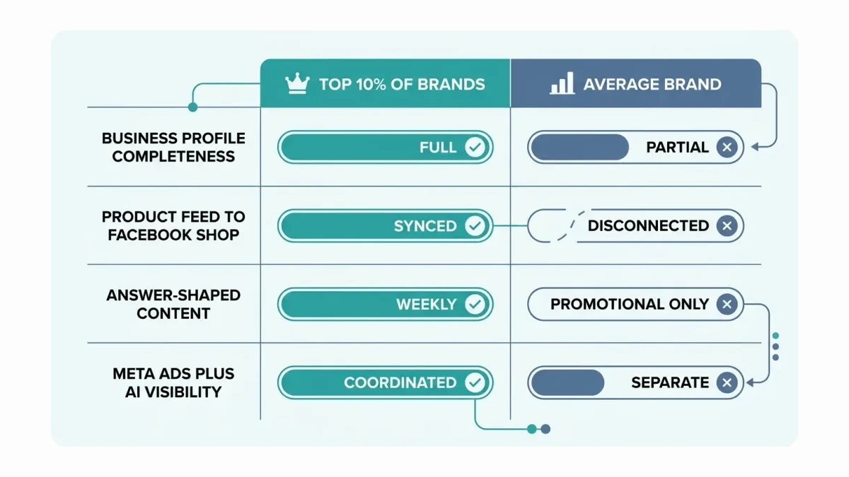 Infographic: Meta AI visibility behaviors, top 10 percent of brands versus the average