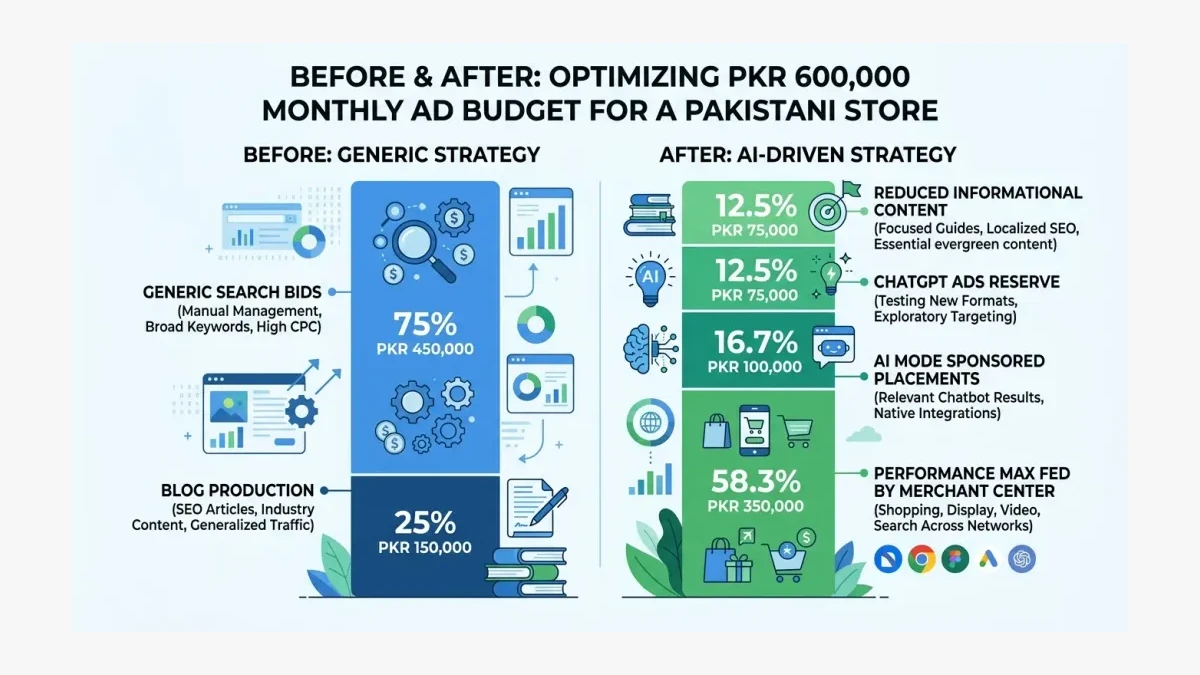 Infographic: Infographic showing a before-and-after PKR 600,000 monthly budget split for a Pakistani store: before as generic Search