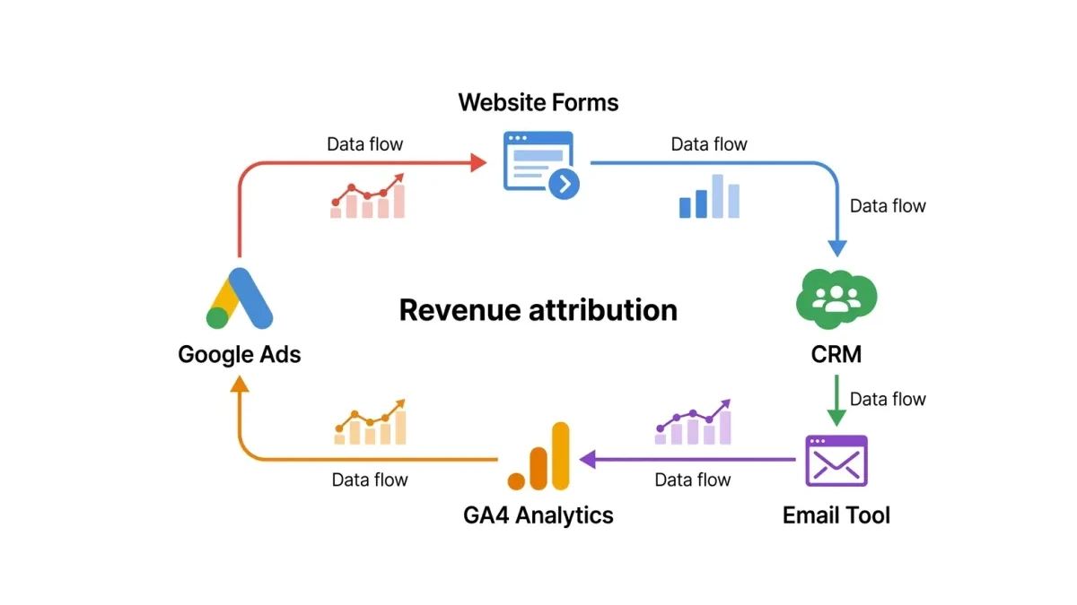 Infographic: Conversion data flow diagram showing Google Ads, website forms, CRM, email tool, and GA4 connected in a closed loop from ad spend to revenue
