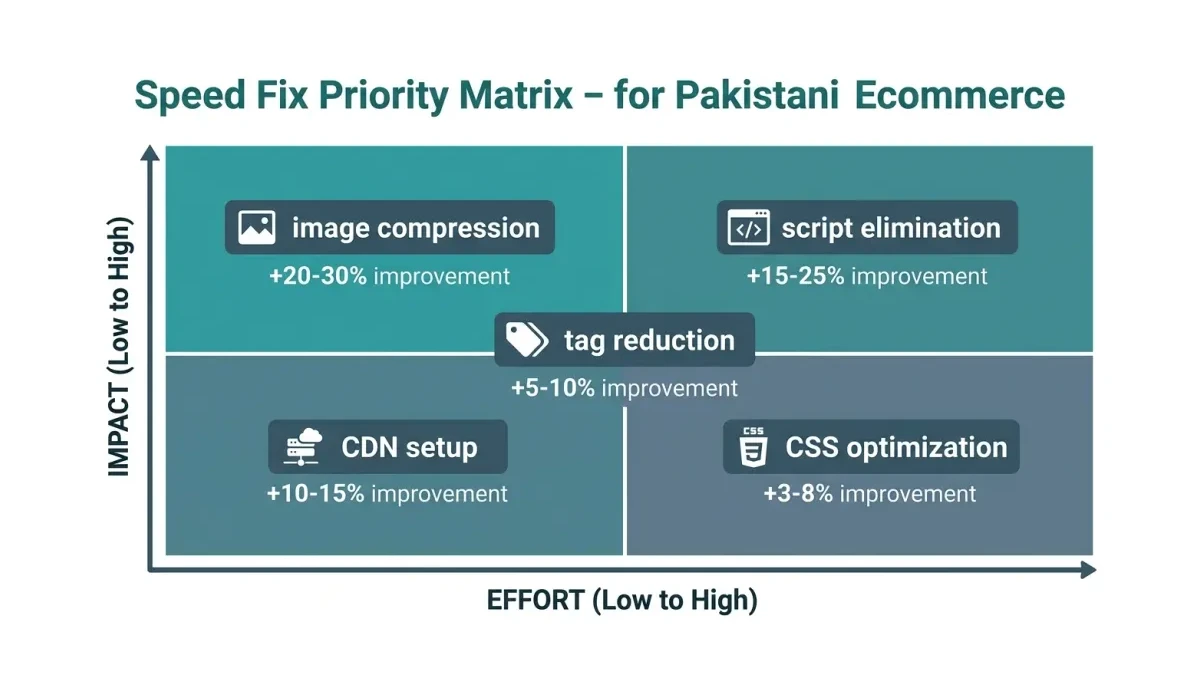 Infographic: Speed fix priority matrix showing impact vs effort for image compression, script elimination, CDN setup, tag reduction, and CSS optimization