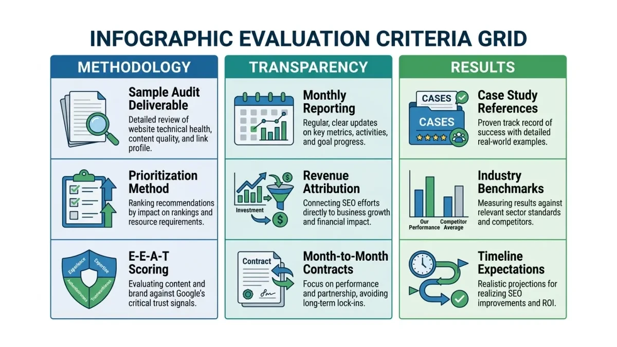 Infographic: SEO agency evaluation checklist with three columns showing methodology, transparency, and contract terms criteria