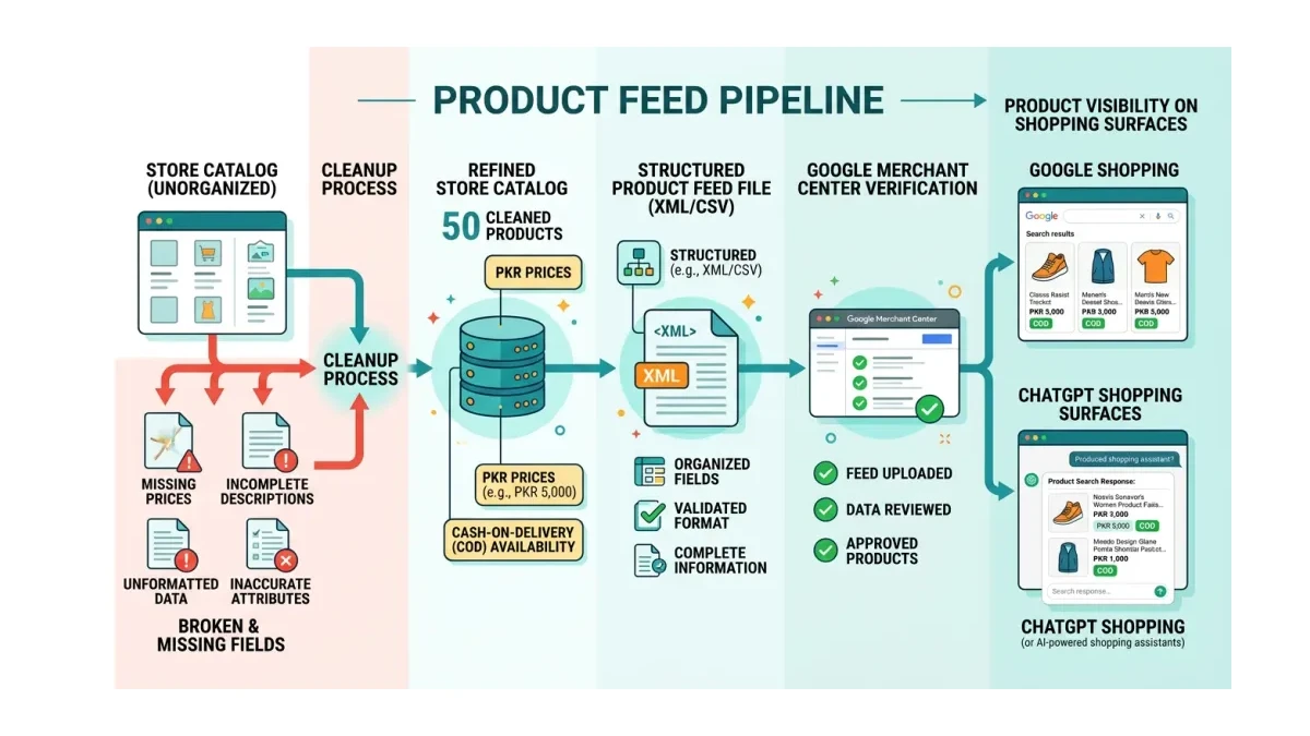 Infographic: product feed pipeline from store catalog to Google Merchant Center to ChatGPT Shopping visibility