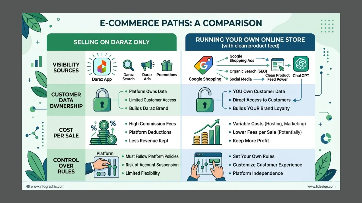 Infographic: Daraz-only selling versus own store with clean feed comparison