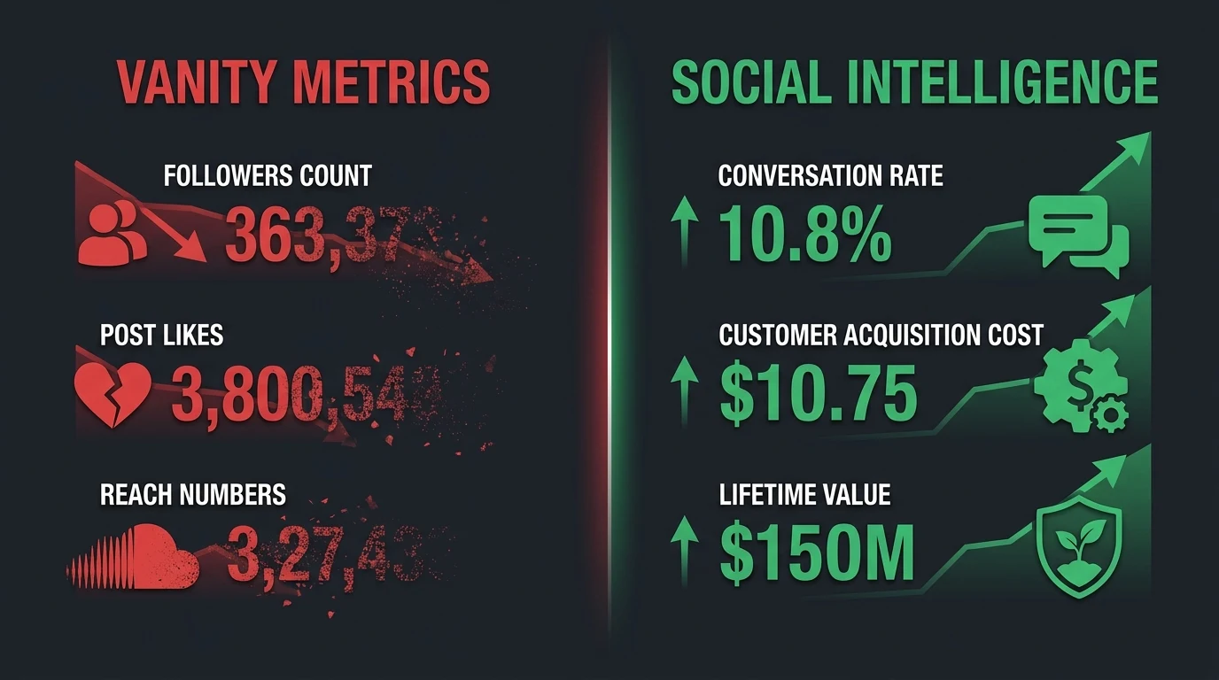 Infographic: Infographic showing a split comparison: Vanity Metrics vs Social Intelligence. Left side (red): follower count, post lik
