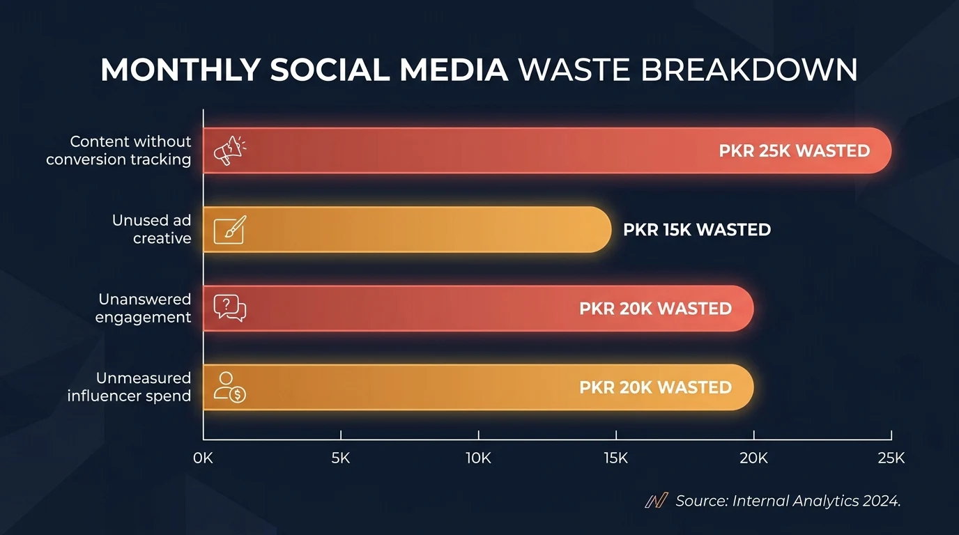 Infographic: Infographic showing monthly social media waste breakdown as a horizontal bar chart. Four bars: Content without conversio