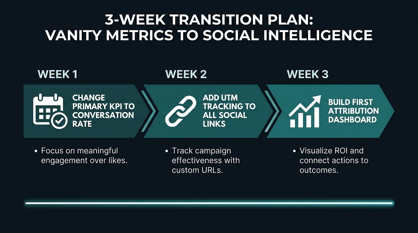 Infographic: Infographic showing a 3-week transition plan from vanity metrics to social intelligence. Week 1: Change primary KPI to c