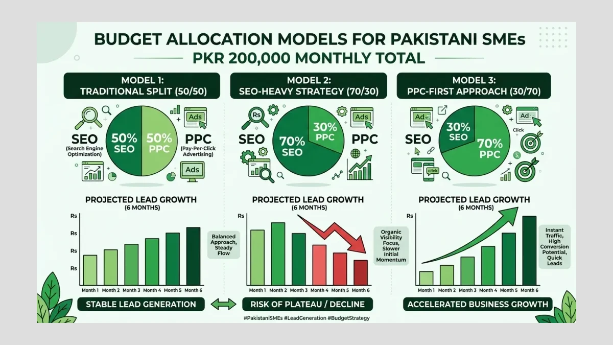 Infographic showing three budget allocation models for Pakistani SMEs with PKR 200K monthly: traditional split at 50/50 SEO/PPC vs AI-adjusted split