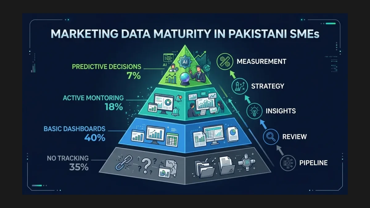 Infographic: Marketing Data Maturity in Pakistani SMEs — 35% have no tracking, only 7% make predictive decisions