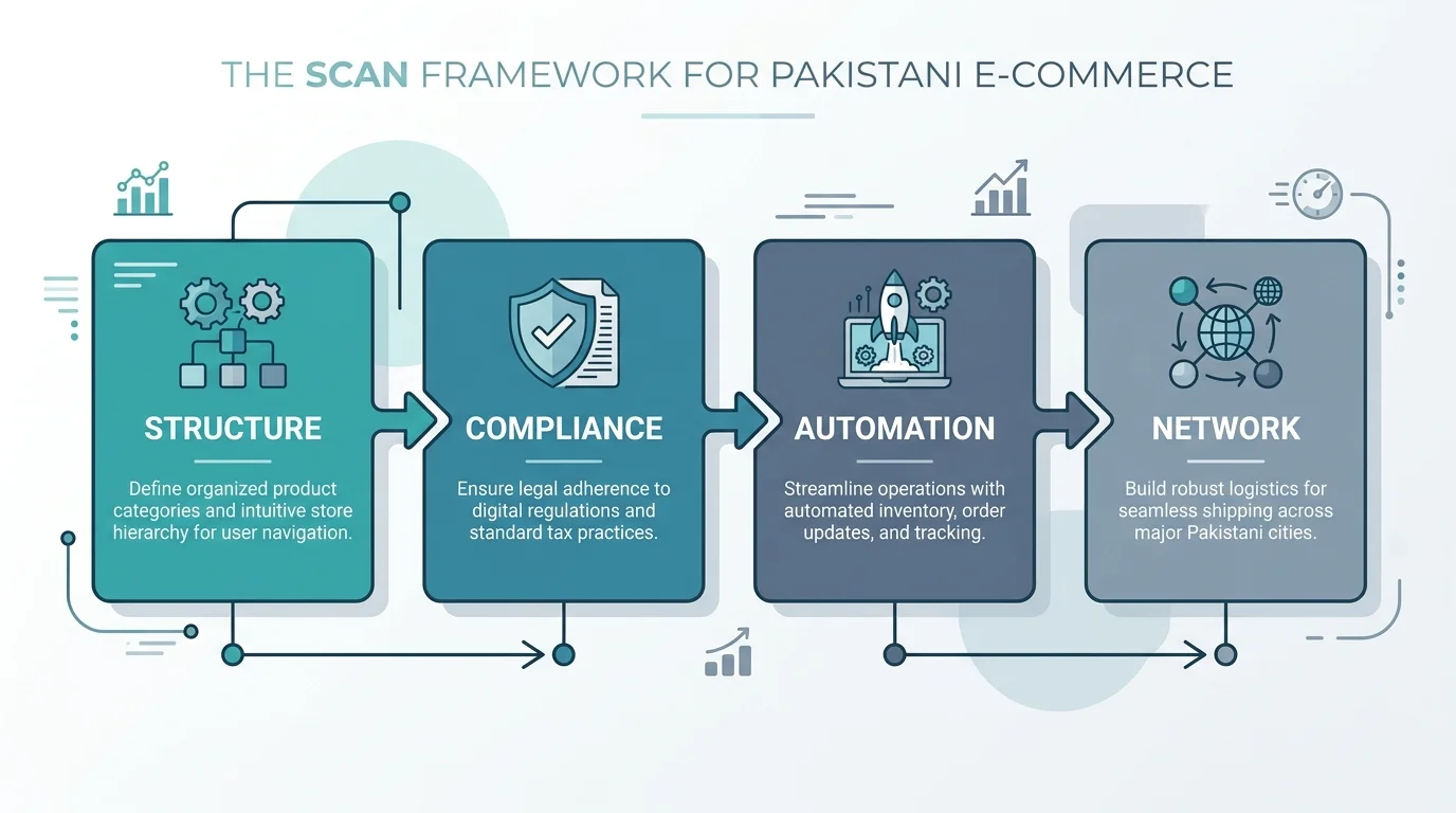 SCAN framework diagram showing Structure, Compliance, Automation, and Network steps for Pakistani ecommerce product feeds.