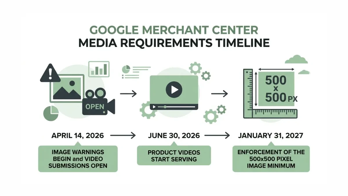 Infographic: A 2026 and 2027 timeline of Google feed image and video requirements with enforcement dates marked.