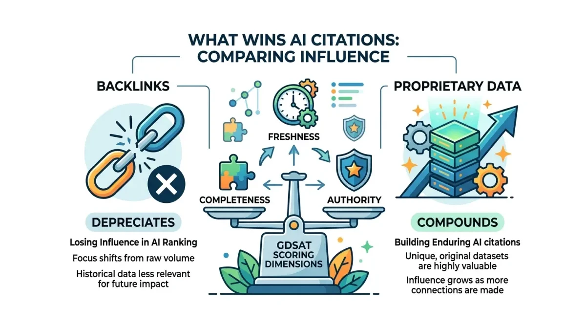 Infographic: Infographic comparing what wins AI citations: a crossed-out backlinks icon labeled 'depreciates' next to a rising-arrow