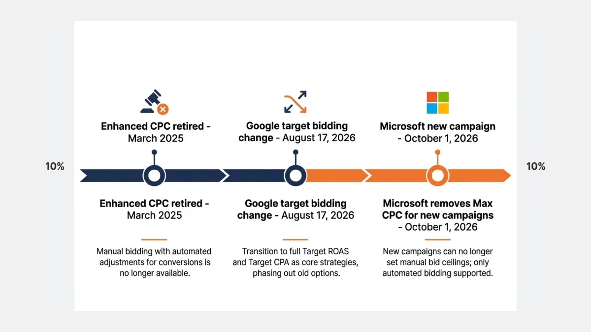 Infographic: Timeline of manual bid controls removed by ad platforms across 2025 and 2026