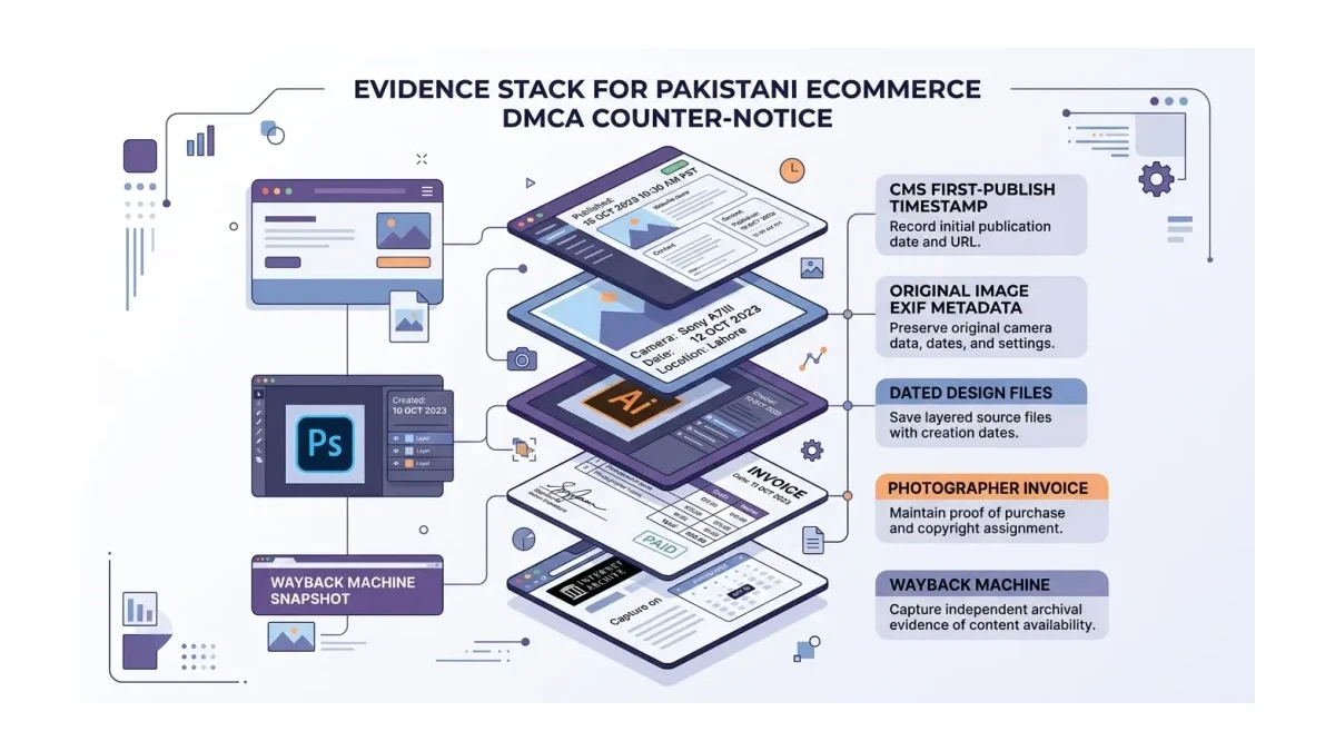Infographic: the evidence stack a Pakistani store should keep on file to make a future counter-notice fast and defensible