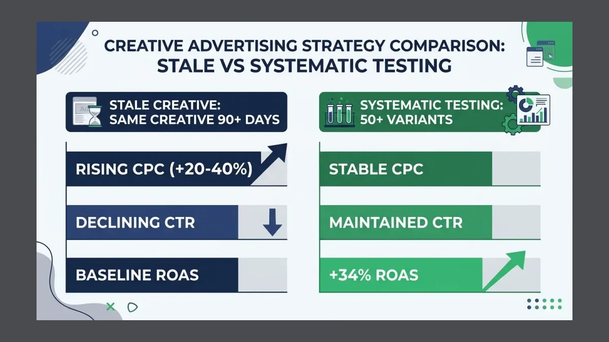 Infographic: Infographic showing comparison between stale creative vs systematic testing, split horizontal bar chart with two columns