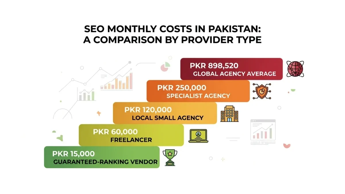 Infographic: SEO monthly cost ladder in Pakistan from PKR 15,000 vendors to the PKR 898,520 global agency average.