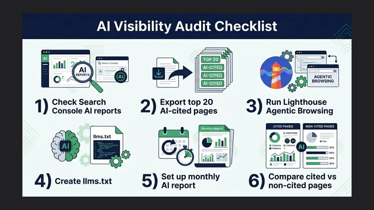 Infographic: Checklist infographic titled 'AI Visibility Audit Checklist' with 6 numbered items: 1) Check Search Console AI reports,