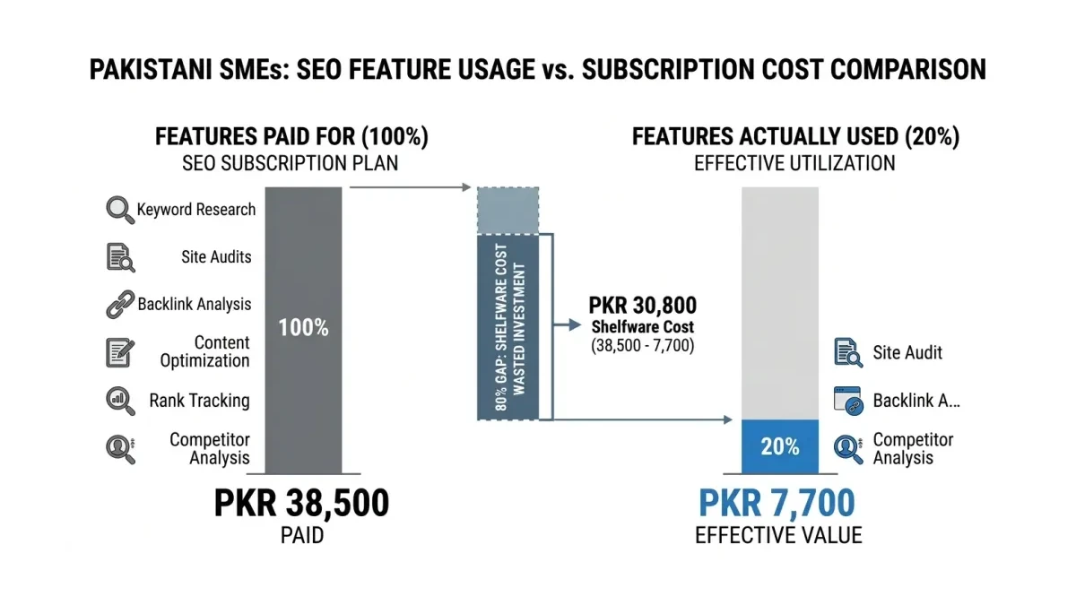 Infographic: Infographic showing SEO feature usage vs subscription cost for Pakistani SMEs as a comparison chart. Left column: featur