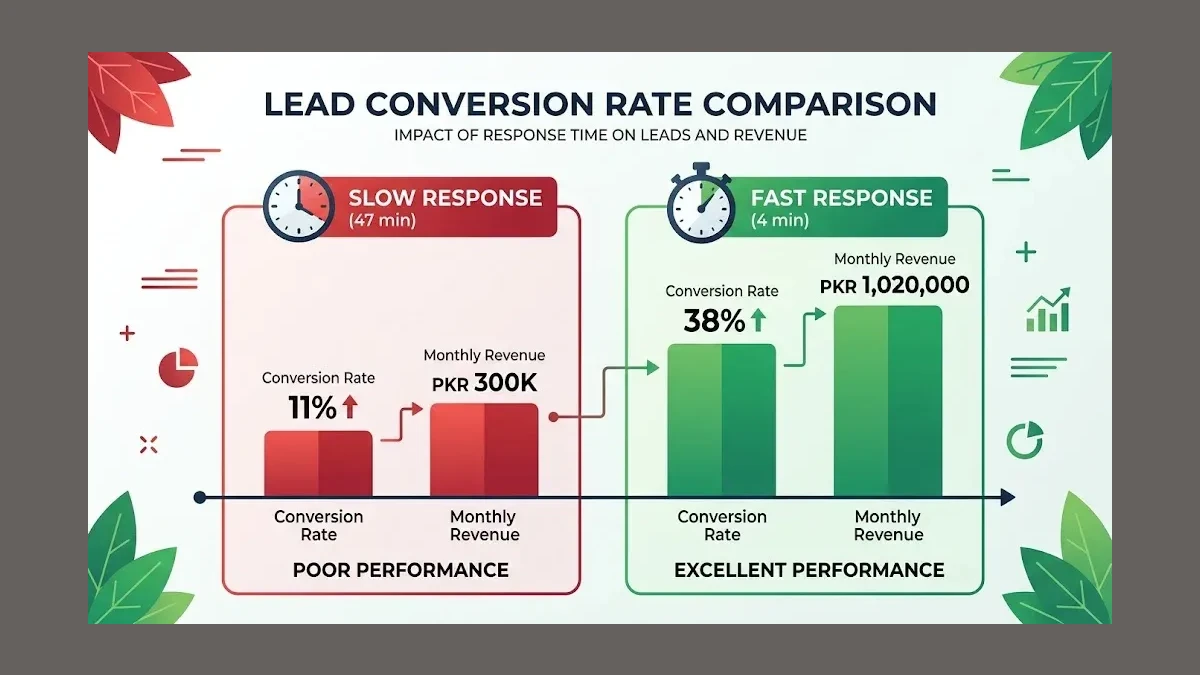 Infographic: Infographic showing lead conversion rate comparison. Two side-by-side bar groups: Slow response (47 min) at 11% conversi