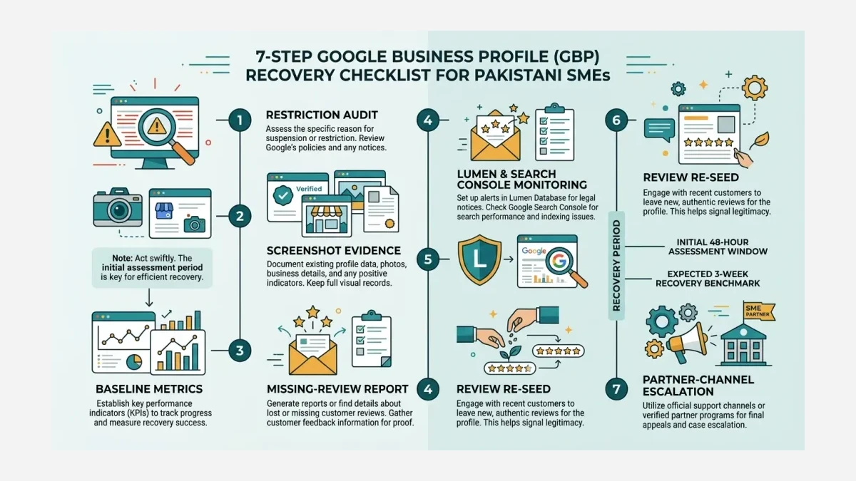 Infographic: Infographic showing the 7-step Google Business Profile recovery checklist for a Pakistani SME as a vertical numbered tim