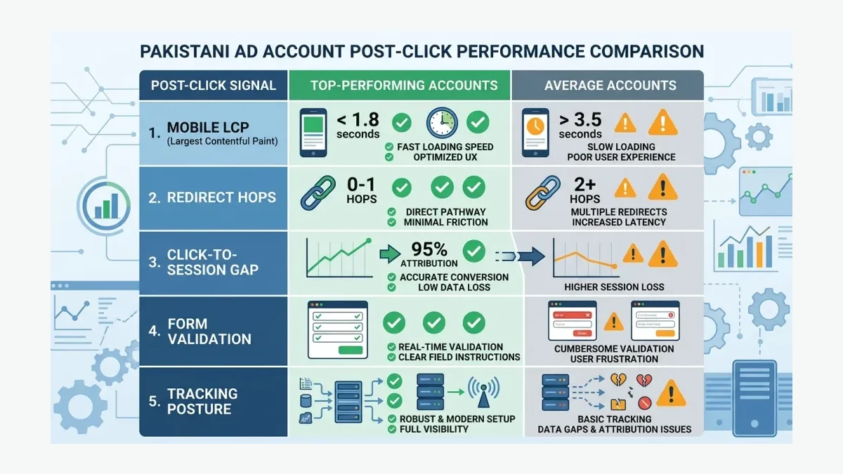 Infographic: Top-performing Pakistani ad accounts vs average accounts across five post-click signals, from page speed to tracking posture.