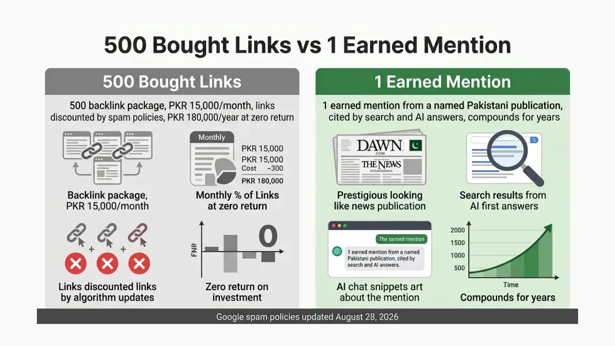 Infographic: a 500-backlink package in muted grey contrasted with one earned mention from a named publication