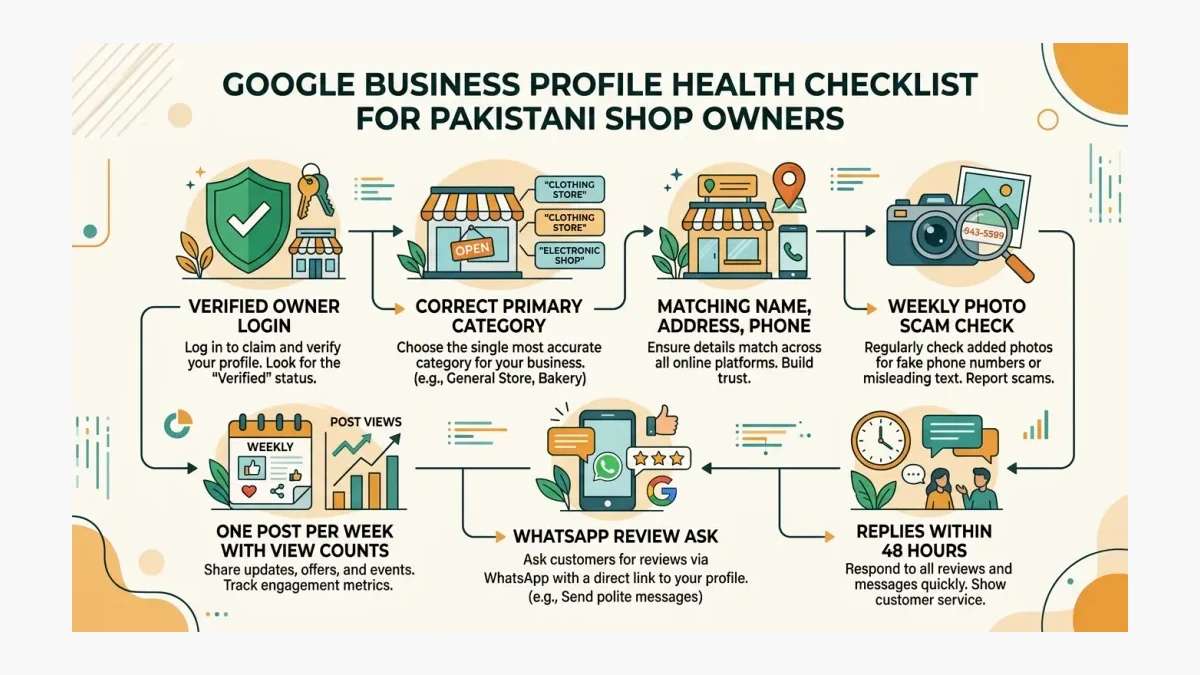 Infographic: Infographic of a Google Business Profile health checklist for Pakistani shop owners with seven icon checkpoints: verifie