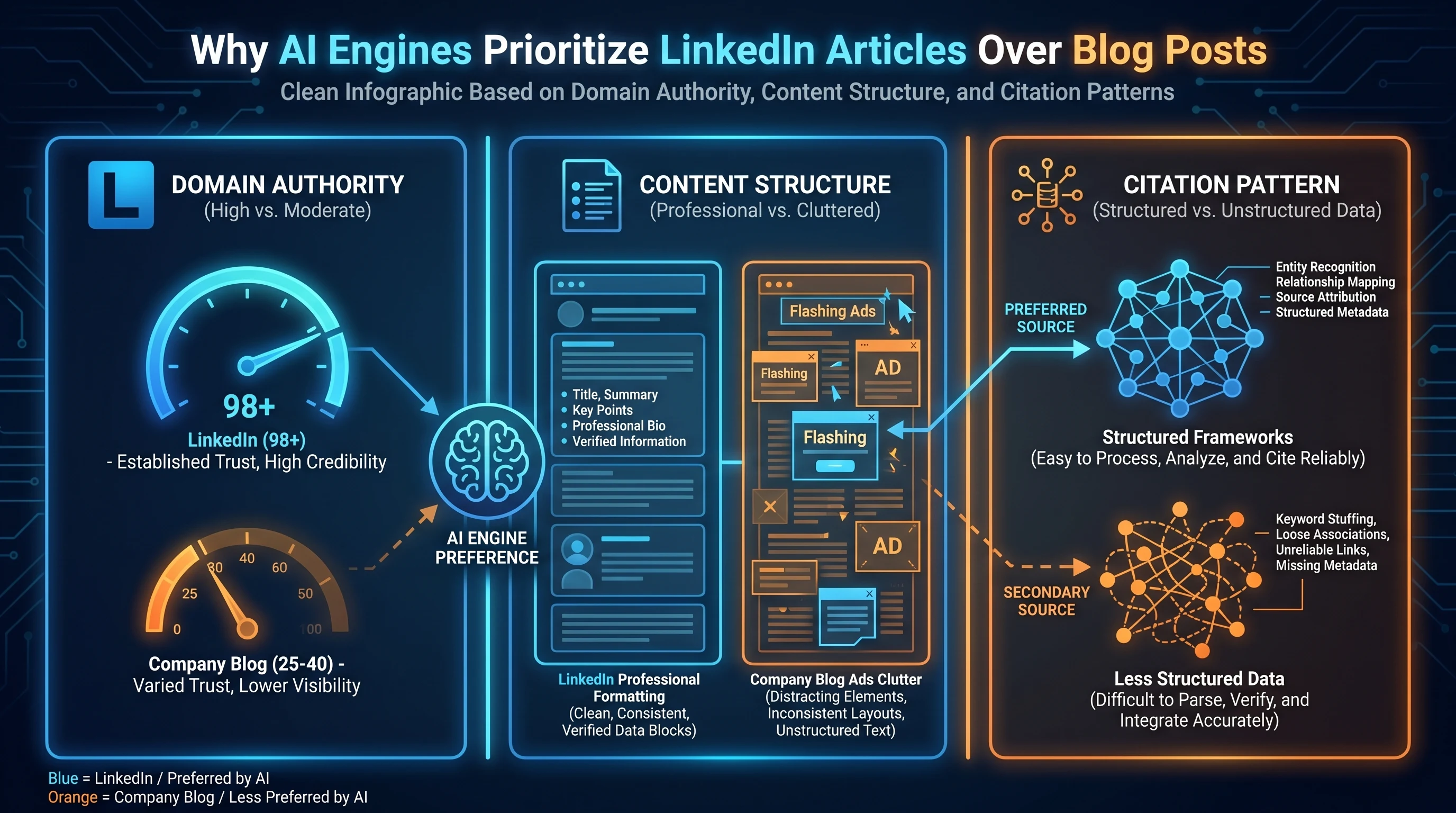 Infographic: Infographic showing why AI engines cite LinkedIn articles over blog posts. Three columns: Domain Authority (LinkedIn 98+