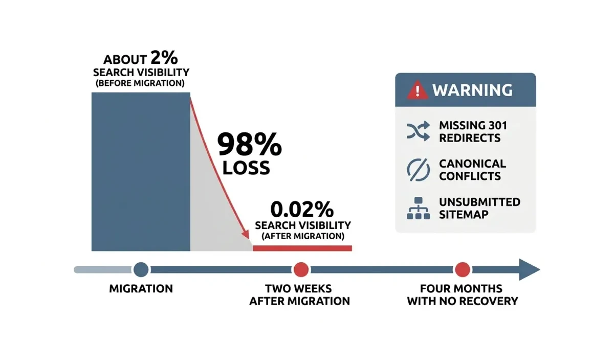 Infographic: A UK publisher's search visibility falling from about 2 percent to 0.02 percent after a domain migration.