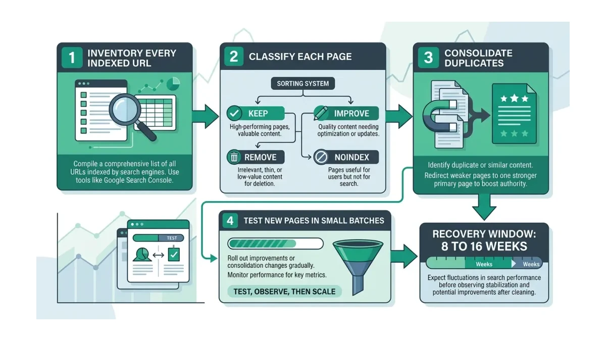 Infographic: A four-step cleanup flow deciding whether to keep, improve, remove, or noindex each old page.