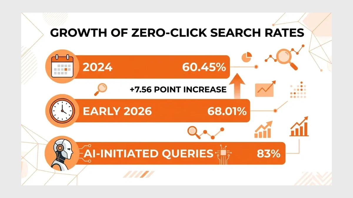 Infographic: Infographic showing zero-click search rate growth as horizontal bar chart: 2024 at 60.45%, Early 2026 at a high share of, AI-init